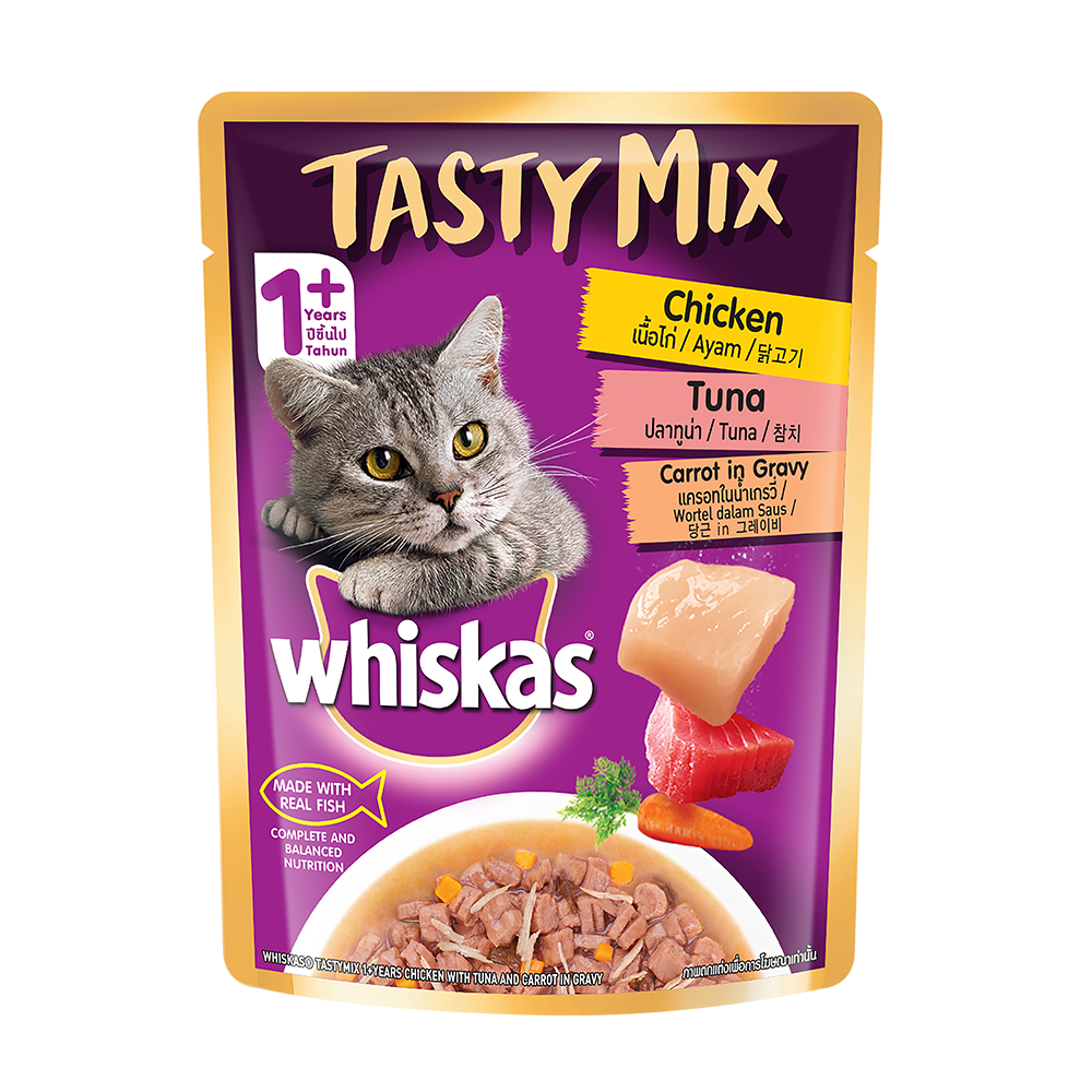 Whiskas® Adult (1+ Year) Tasty Mix Wet Cat Food Made with Real Fish, Chicken with Tuna and Carrot in Gravy - Pack of 12 - 1