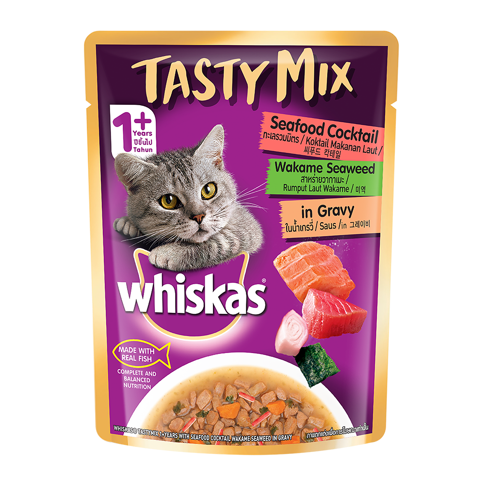 Whiskas® Adult (1+ year) Tasty Mix Wet Cat Food Made With Real Fish, Seafood Cocktail Wakame Seaweed in Gravy - Pack of 12 - 1