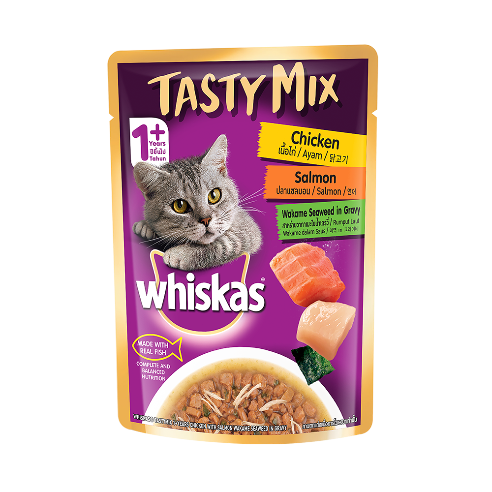Whiskas® Adult (1+ year) Tasty Mix Wet Cat Food Made With Real Fish, Chicken With Salmon Wakame Seaweed in Gravy - Pack of 12 - 1