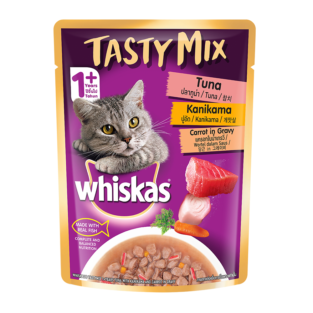 Whiskas® Adult (1+ year) Tasty Mix Wet Cat Food Made With Real Fish, Tuna With Kanikama And Carrot in Gravy - Pack of 12 - 1