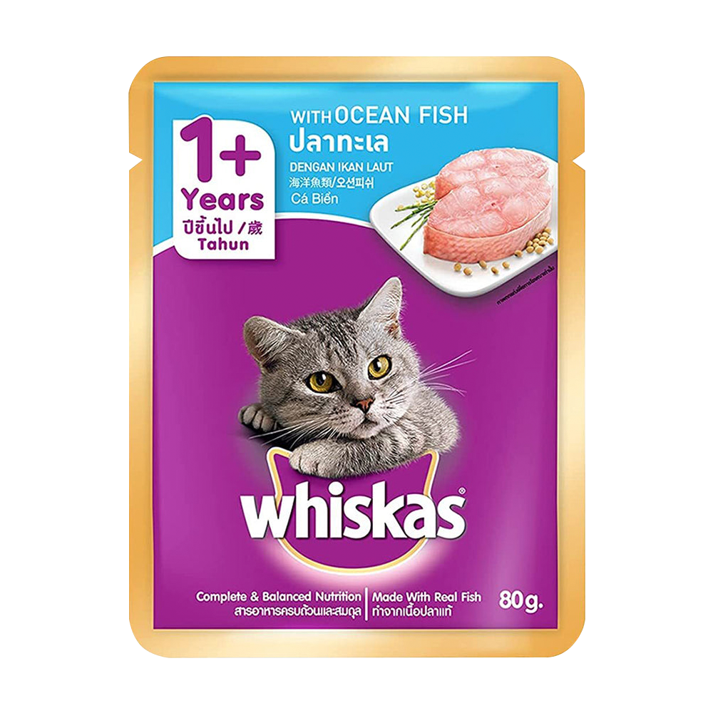 Whiskas® Wet Cat Food for Adult Cats (1+Years), Ocean Fish, 12 Pouches (12 x 80g) - 1