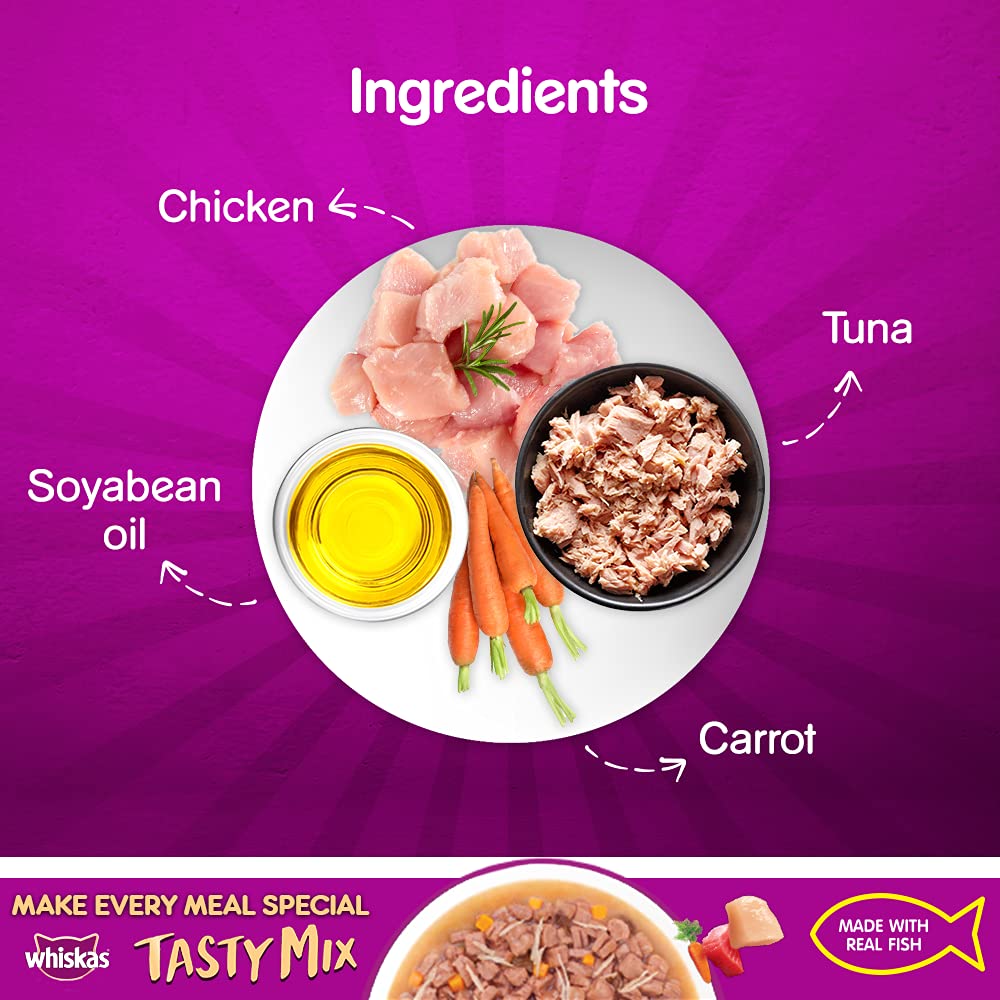 WHISKAS® Adult (1+ Year) Tasty Mix Wet Cat Food Made with Real Fish, Chicken with Tuna and Carrot in Gravy - Pack of 12 - 5