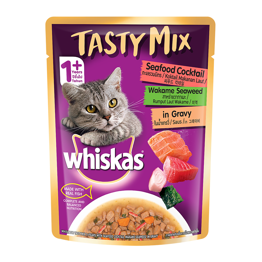 WHISKAS® Adult (1+ year) Tasty Mix Wet Cat Food Made With Real Fish, Seafood Cocktail Wakame Seaweed in Gravy - Pack of 12 - 1