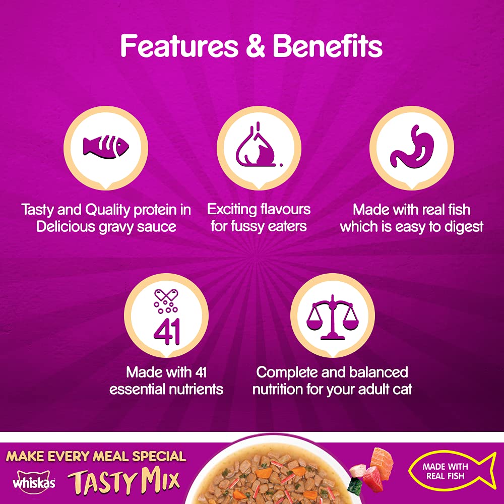 WHISKAS® Adult (1+ year) Tasty Mix Wet Cat Food Made With Real Fish, Seafood Cocktail Wakame Seaweed in Gravy - Pack of 12 - 3