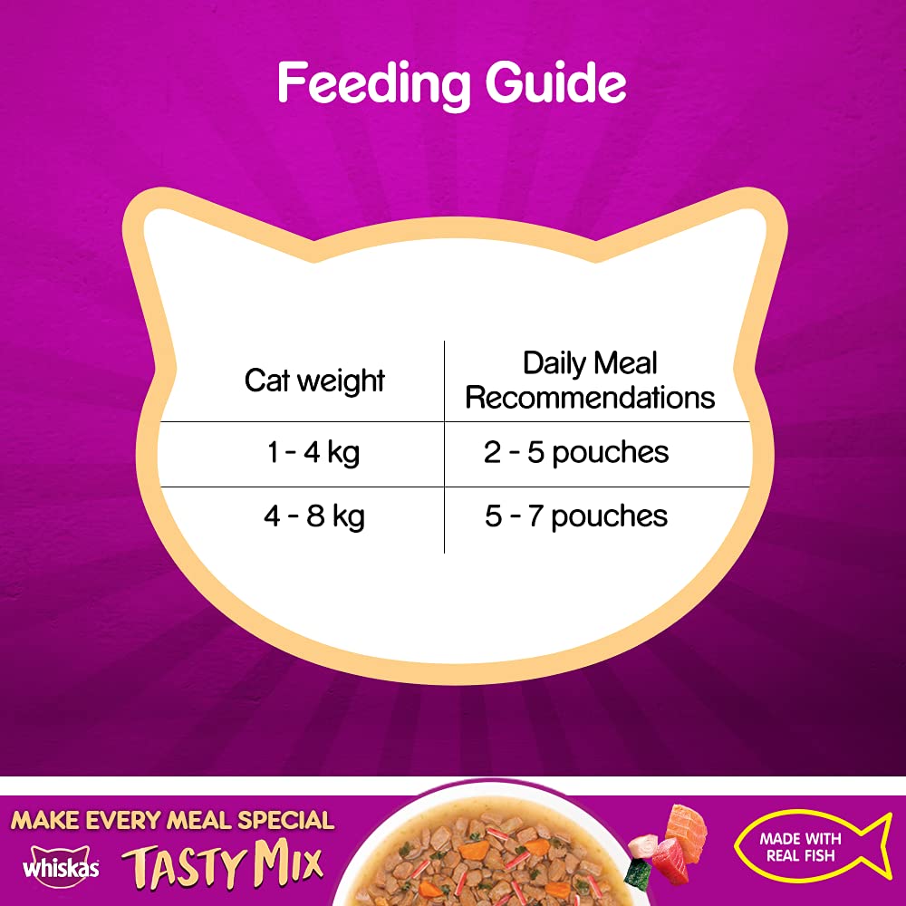 WHISKAS® Adult (1+ year) Tasty Mix Wet Cat Food Made With Real Fish, Seafood Cocktail Wakame Seaweed in Gravy - Pack of 12 - 4