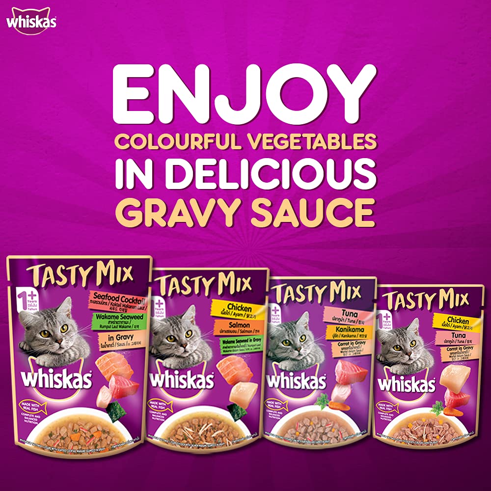 WHISKAS® Adult (1+ year) Tasty Mix Wet Cat Food Made With Real Fish, Seafood Cocktail Wakame Seaweed in Gravy - Pack of 12 - 5