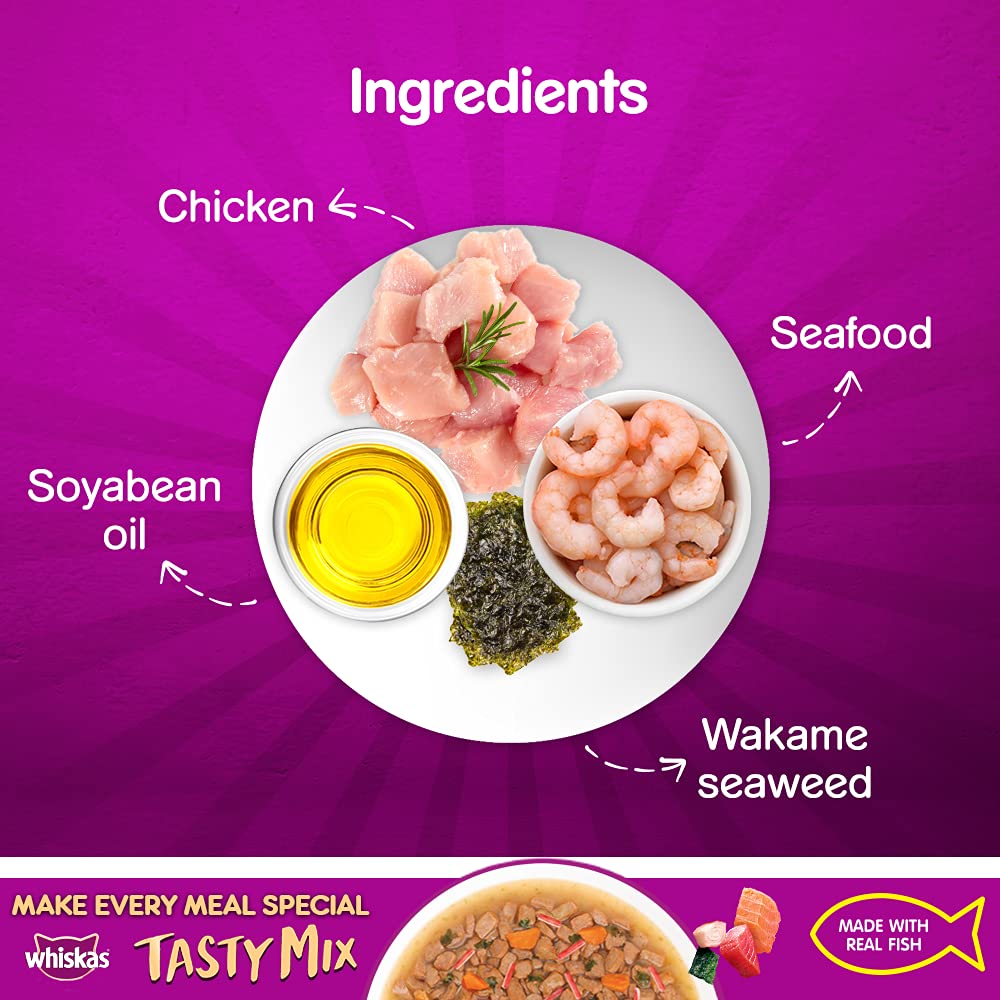 WHISKAS® Adult (1+ year) Tasty Mix Wet Cat Food Made With Real Fish, Seafood Cocktail Wakame Seaweed in Gravy - Pack of 12 - 6