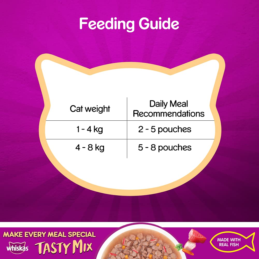 WHISKAS® Adult (1+ year) Tasty Mix Wet Cat Food Made With Real Fish, Tuna With Kanikama And Carrot in Gravy - Pack of 12 - 4