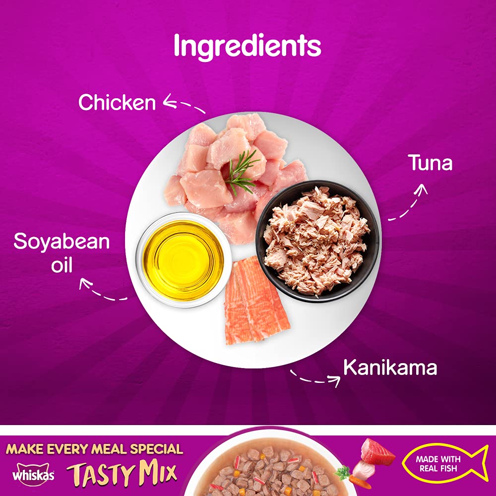 WHISKAS® Adult (1+ year) Tasty Mix Wet Cat Food Made With Real Fish, Tuna With Kanikama And Carrot in Gravy - Pack of 12 - 6