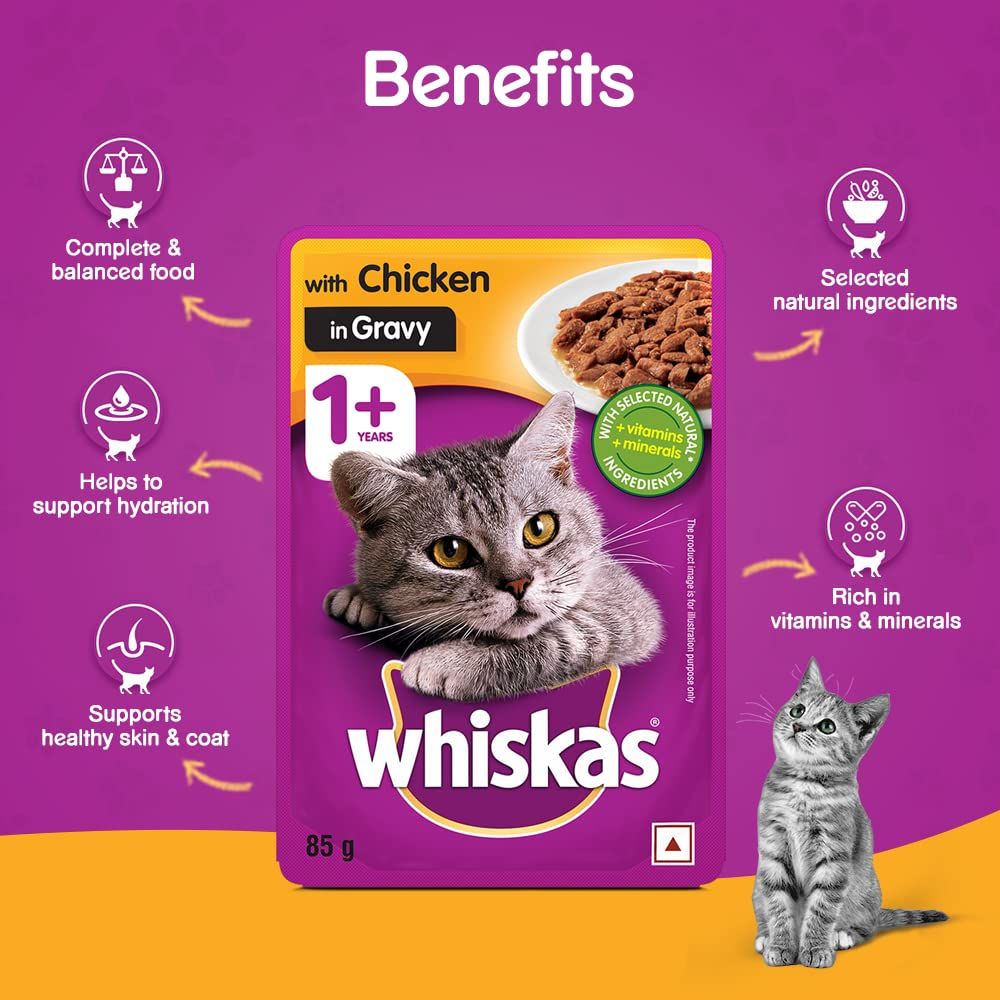 WHISKAS® Wet Cat Food for Adult Cats (1+Years), Chicken in Gravy Flavour, 12 Pouches (12 x 85g) - 3