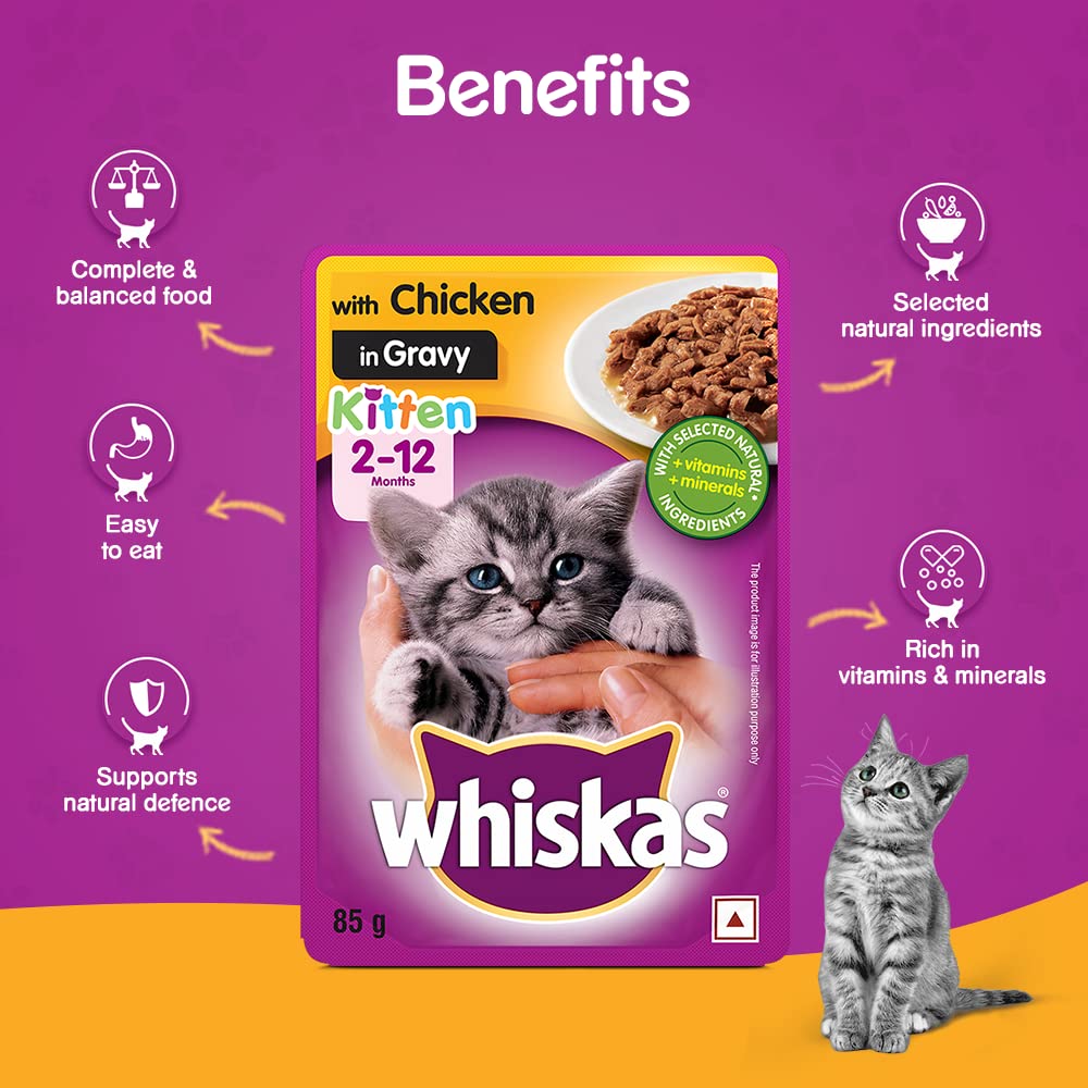 WHISKAS® Wet Food for Kittens (2-12 Months), Chicken in Gravy Flavour, 12 pouches (12x 80g) - 2