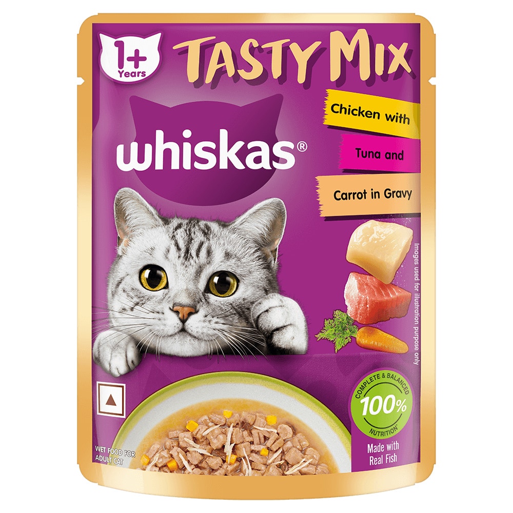 WHISKAS® Adult (1+ Year) Tasty Mix Wet Cat Food Made with Real Fish, Chicken with Tuna and Carrot in Gravy - Pack of 12 - 1