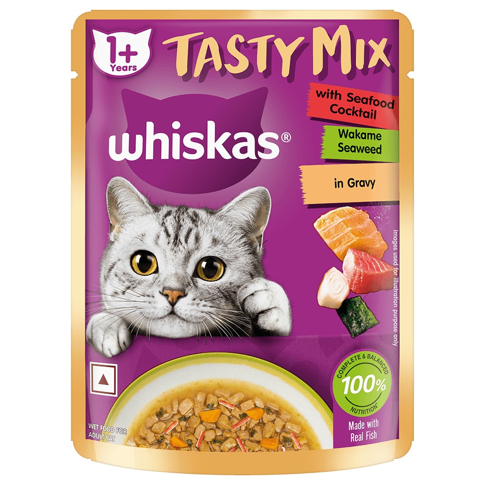 WHISKAS® Adult (1+ year) Tasty Mix Wet Cat Food Made With Real Fish, Seafood Cocktail Wakame Seaweed in Gravy - Pack of 12 - 1