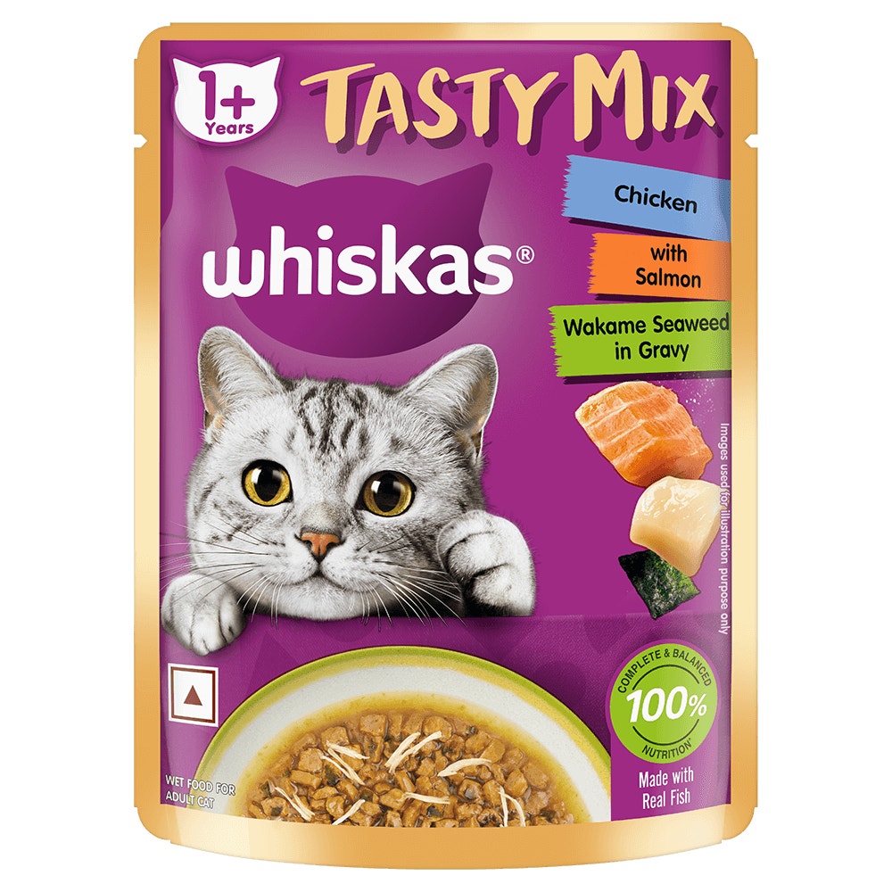 WHISKAS® Adult (1+ year) Tasty Mix Wet Cat Food Made With Real Fish, Chicken With Salmon Wakame Seaweed in Gravy - Pack of 12 - 1