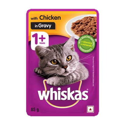 Whiskas® Wet Cat Food for Adult Cats (1+Years), Chicken in Gravy Flavour, 12 Pouches (12 x 85g)