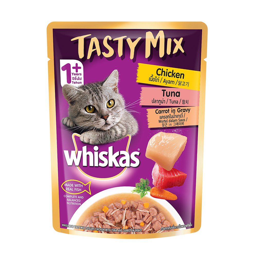 WHISKAS® Adult Tasty Mix Wet Food with Real Fish, Chicken with Tuna and Carrot in Gravy