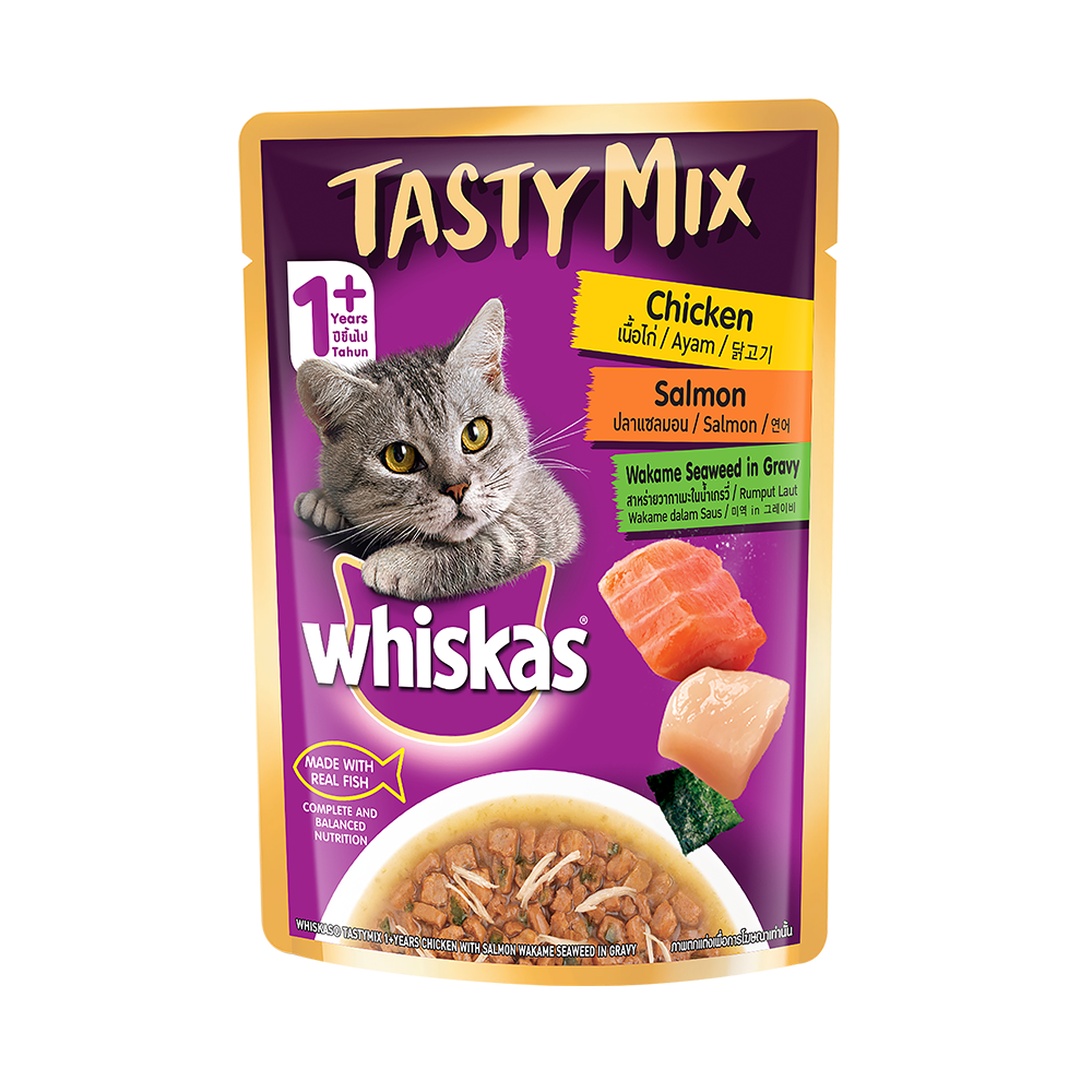 WHISKAS® Adult Tasty Mix Wet Food with Real Fish, Chicken With Salmon Wakame Seaweed in Gravy