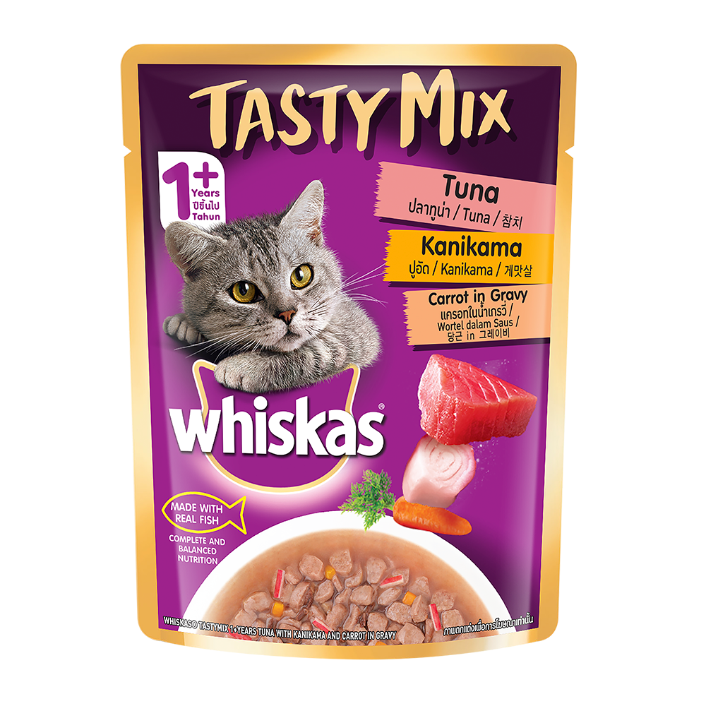WHISKAS® Adult Tasty Mix Wet Food with Real Fish, Tuna With Kanikama And Carrot in Gravy