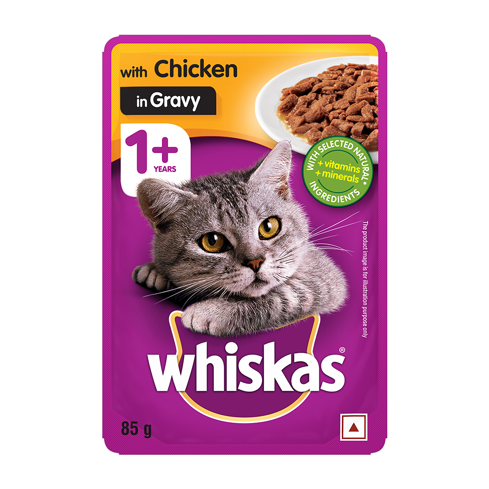 WHISKAS® Wet Cat Food for Adult Cats (1+Years), Chicken in Gravy Flavour, 12 Pouches (12 x 85g)