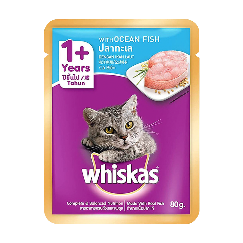 WHISKAS® Wet Cat Food for Adult Cats (1+Years), Ocean Fish, 12 Pouches (12 x 80g)