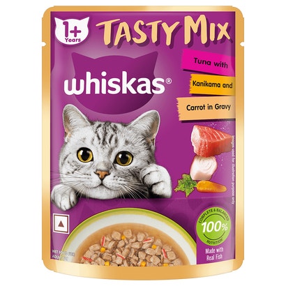 WHISKAS® Adult Tasty Mix Wet Food with Real Fish, Tuna With Kanikama And Carrot in Gravy